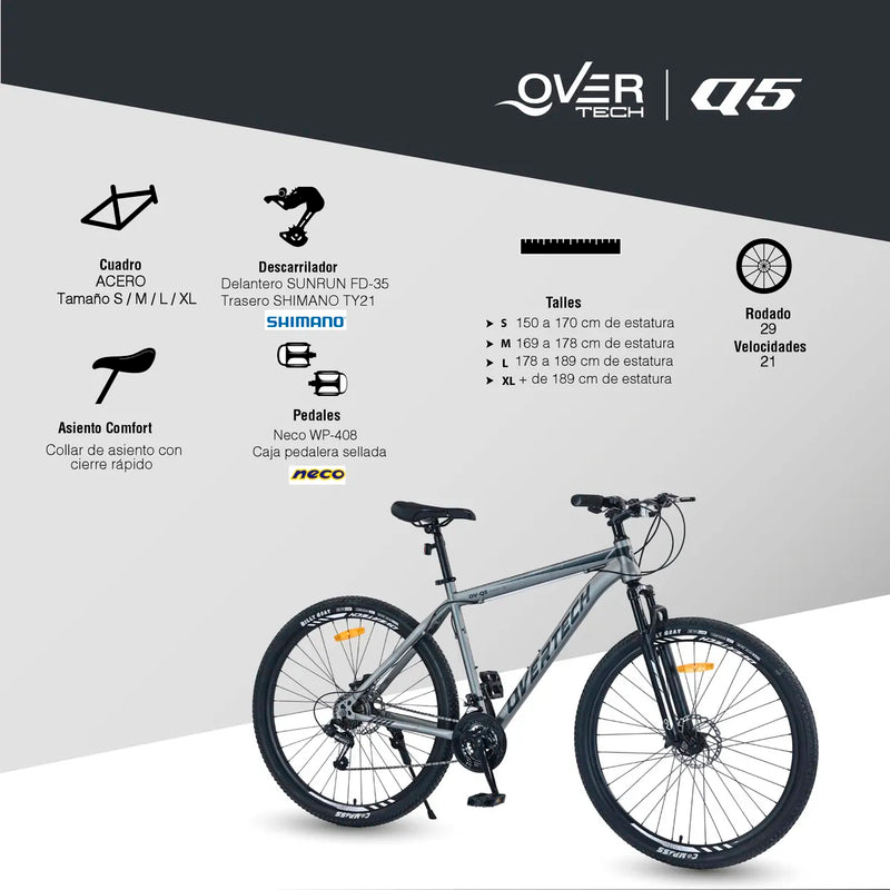 Bicicleta de Montaña Overtech R29 Q5 21v Freno de disco Shimano 12x