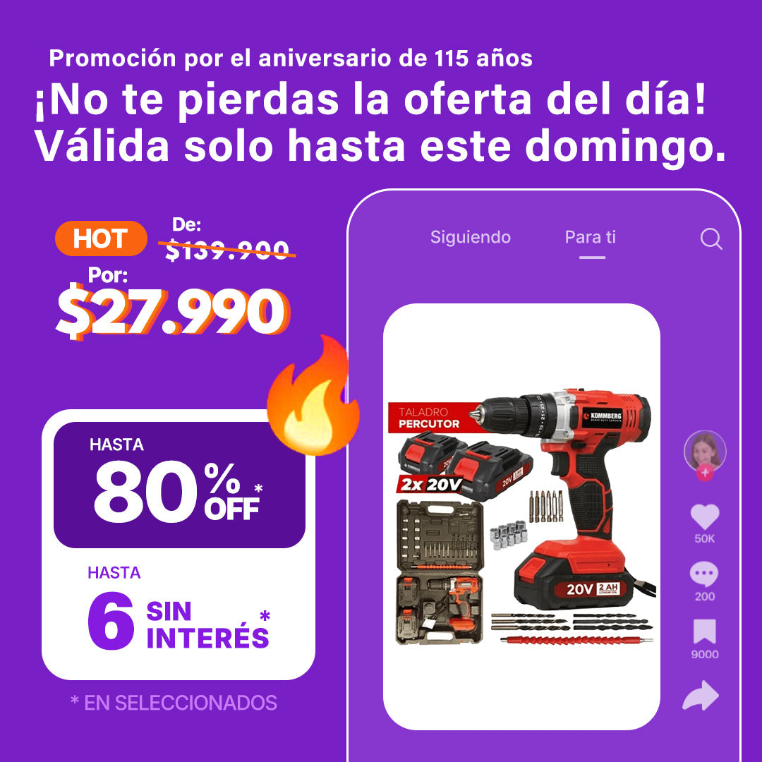 Taladro Percutor + 2 Baterias 20v Kommberg 13mm Maletin 2 Baterias, Cargador Y Accesorios Kb-tpb1020-2