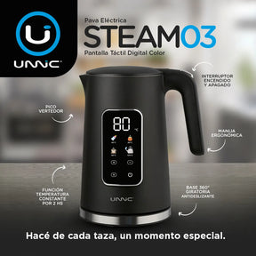 Pava Eléctrica Unnic Pantalla Digital Color Táctil Acero Inoxidable 1.7 L Temperatura Prestablecidas Ideal Para Mate Café Te Color Negro