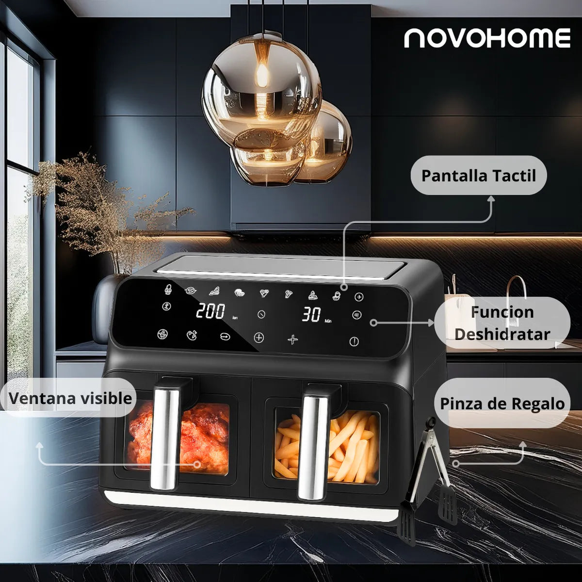 Freidora de Aire Novohome Digital 8Lts Doble Canastos 4+4 1700W NH-AF DUAL 100W