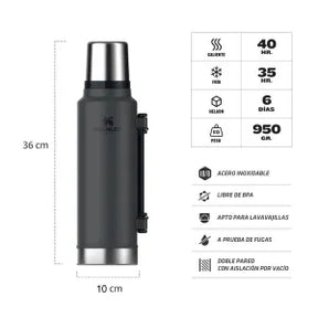 Termo Stanley Classic 1.4 Lts Negro Asa Plegable c/ Tapón Pico Cebador